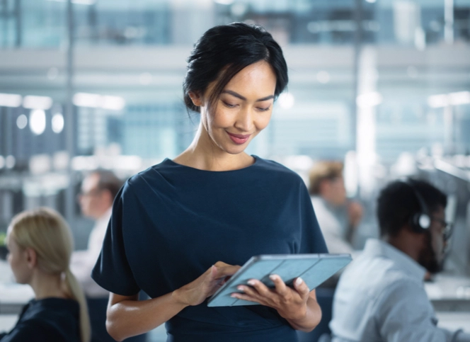 Woman looking at the ipad during in setup