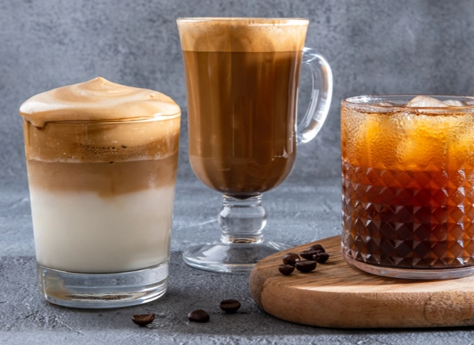 Image with three different type of coffee drinks